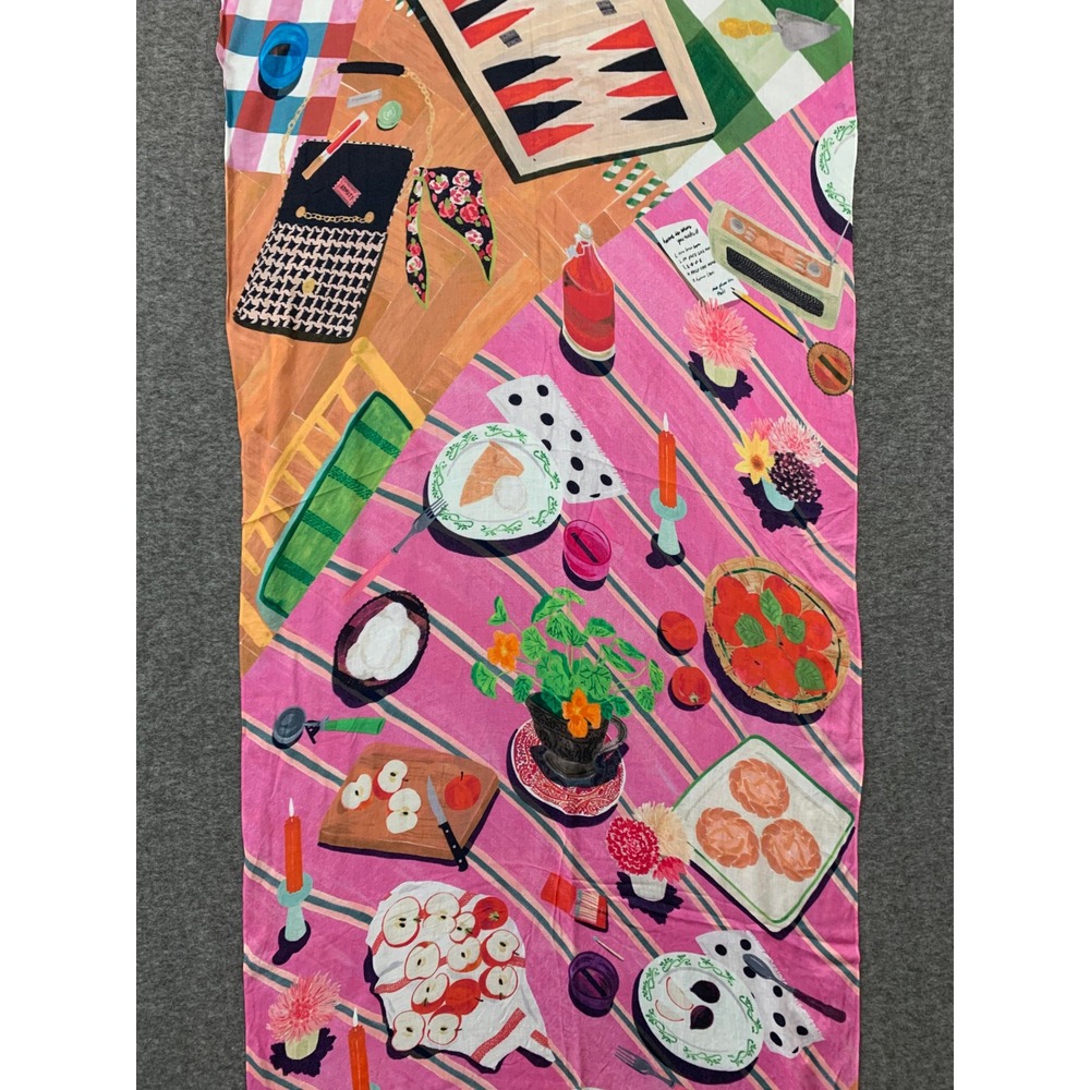 Kate Spade New York Picnic Scene Print Oblong Scarf Pink Multi Frayed Edge